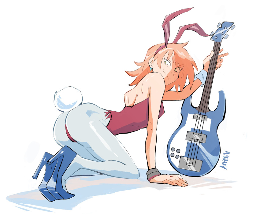 1girl all_fours animal_ears anonymoose arm_support ass blue_footwear bracelet bunny_ears bunny_tail fake_animal_ears flcl guitar haruhara_haruko high_heels highres instrument jewelry leotard pantyhose pink_hair playboy_bunny short_hair simple_background smile solo tail white_legwear