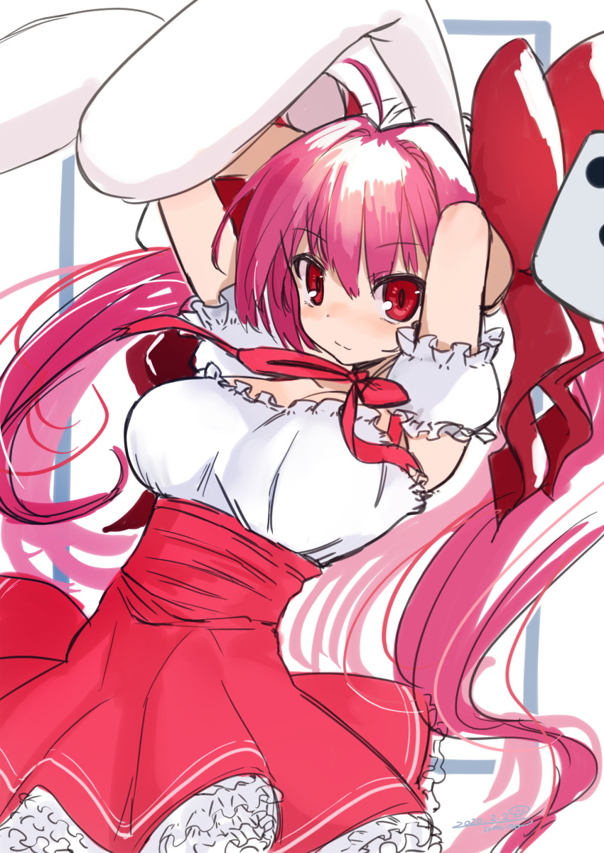 1girl ahoge animal_ears arms_behind_head arms_up blush bow breasts bunny_ears cleavage closed_mouth cowboy_shot di_gi_charat dress eyebrows_visible_through_hair frilled_dress frills highres layered_skirt leaning_back long_hair medium_breasts neck_ribbon pink_dress pink_hair pink_ribbon red_bow red_eyes ribbon simple_background skirt smile solo twintails umino_atari underbust usada_hikaru very_long_hair