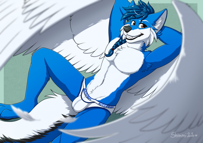 2020 anthro black_nose blue_hair brown_eyes bulge canid canine canis clothing hair male mammal shimmi_(artist) smile solo teeth underwear wings wolf