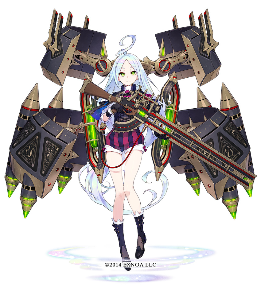 1girl ahoge bangs black_footwear black_gloves black_shirt boots commentary_request finger_on_trigger full_body fuyuno_yuuki gloves gun highres holding holding_gun holding_weapon laputa_(oshiro_project) long_hair machinery official_art oshiro_project_re parted_bangs revision shirt short_shorts short_sleeves shorts silver_hair solo striped vertical-striped_shorts vertical_stripes very_long_hair watermark weapon white_background