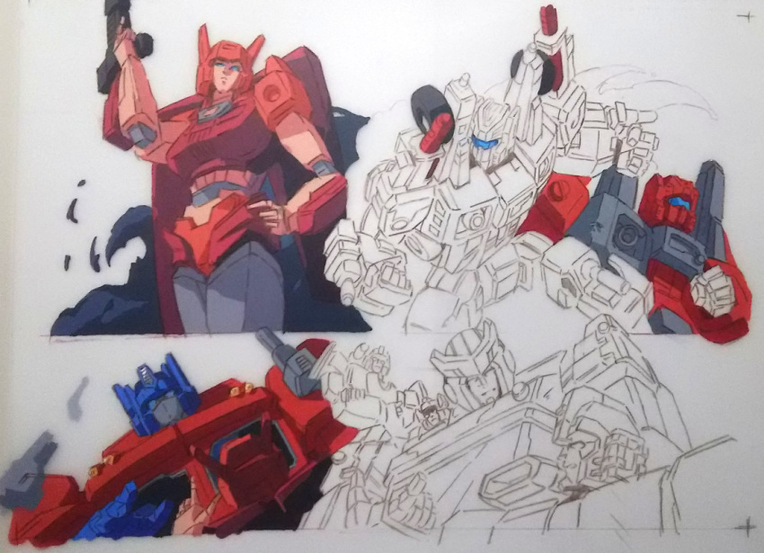 1980s_(style) battle blue_eyes breasts cog_(transformers) elita_one explosion gun hand_on_hip holding holding_gun holding_weapon impactor large_breasts marble-v mirage_(transformers) optimus_prime ratchet retro_artstyle sideswipe sketch traditional_media transformers transformers:_war_for_cybertron_trilogy weapon white_background work_in_progress