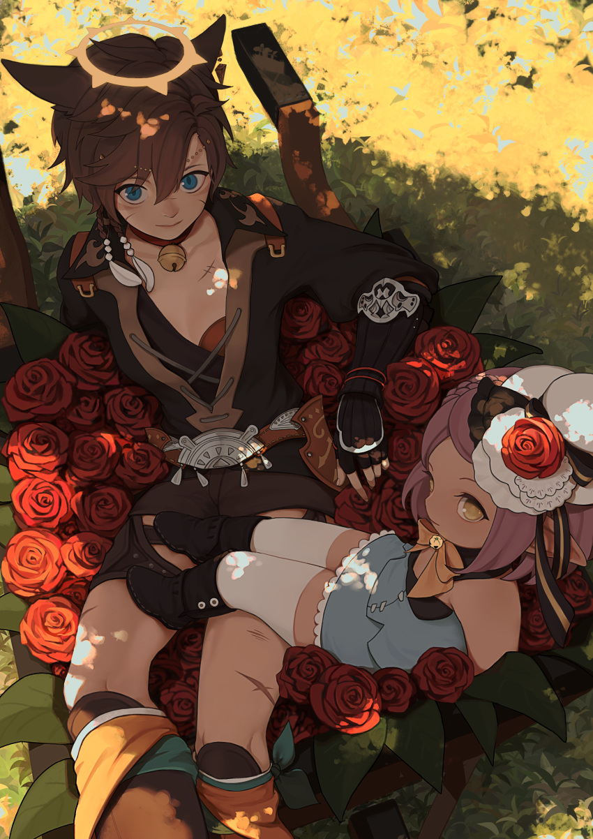 2girls absurdres animal_ears beads bell bell_choker black_footwear black_gloves blue_eyes blue_skirt boots bow braid brown_hair brown_shorts cat_ears choker closed_mouth detached_collar eyebrows_visible_through_hair eyes_visible_through_hair facial_mark feathers final_fantasy final_fantasy_xiv fingerless_gloves flower gloves grass hair_beads hair_between_eyes hair_feathers hair_ornament halo hat hat_flower highres jingle_bell lalafell leaf looking_at_viewer mini_hat mini_top_hat miniskirt miqo'te multiple_girls orange_bow pink_hair pointy_ears red_choker red_flower red_rose rose scar scar_on_cheek scar_on_chest scar_on_face scar_on_leg scar_on_nose short_hair shorts skirt smile thighhighs top_hat wheelbarrow white_feathers white_headwear white_legwear yellow_eyes yoshikyuu zettai_ryouiki