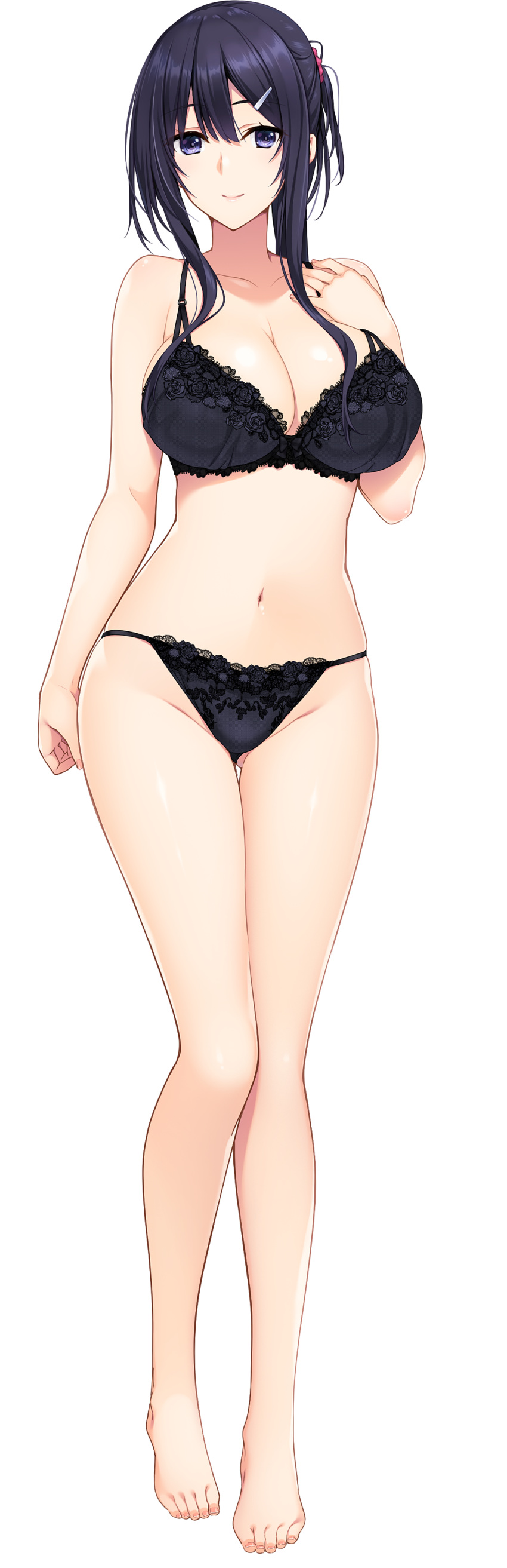 1girl absurdres arm_at_side ass_visible_through_thighs bare_legs barefoot black_bra black_hair black_panties bra breasts cleavage closed_mouth full_body game_cg hair_ornament hair_scrunchie hairclip hand_on_own_chest highres iizuki_tasuku lace-trimmed_bra lace-trimmed_panties lace_trim large_breasts lingerie long_hair looking_at_viewer navel non-web_source panties ponytail purple_eyes scrunchie sidelocks simple_background smile solo standing suiren_to_shion tachi-e thigh_gap transparent_background underwear underwear_only wakami_suiren