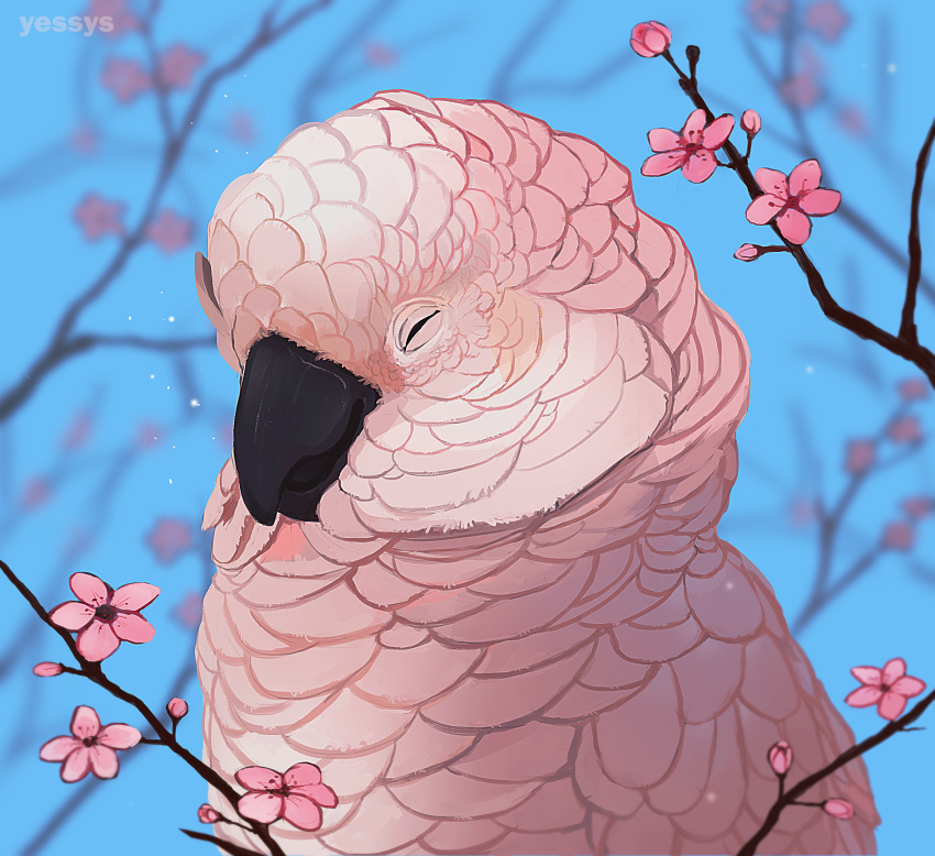 2020 absurd_res ambiguous_gender avian beak bird black_beak day detailed_background digital_media_(artwork) eyes_closed feathers feral hi_res outside parrot pink_body pink_feathers sky solo yessys