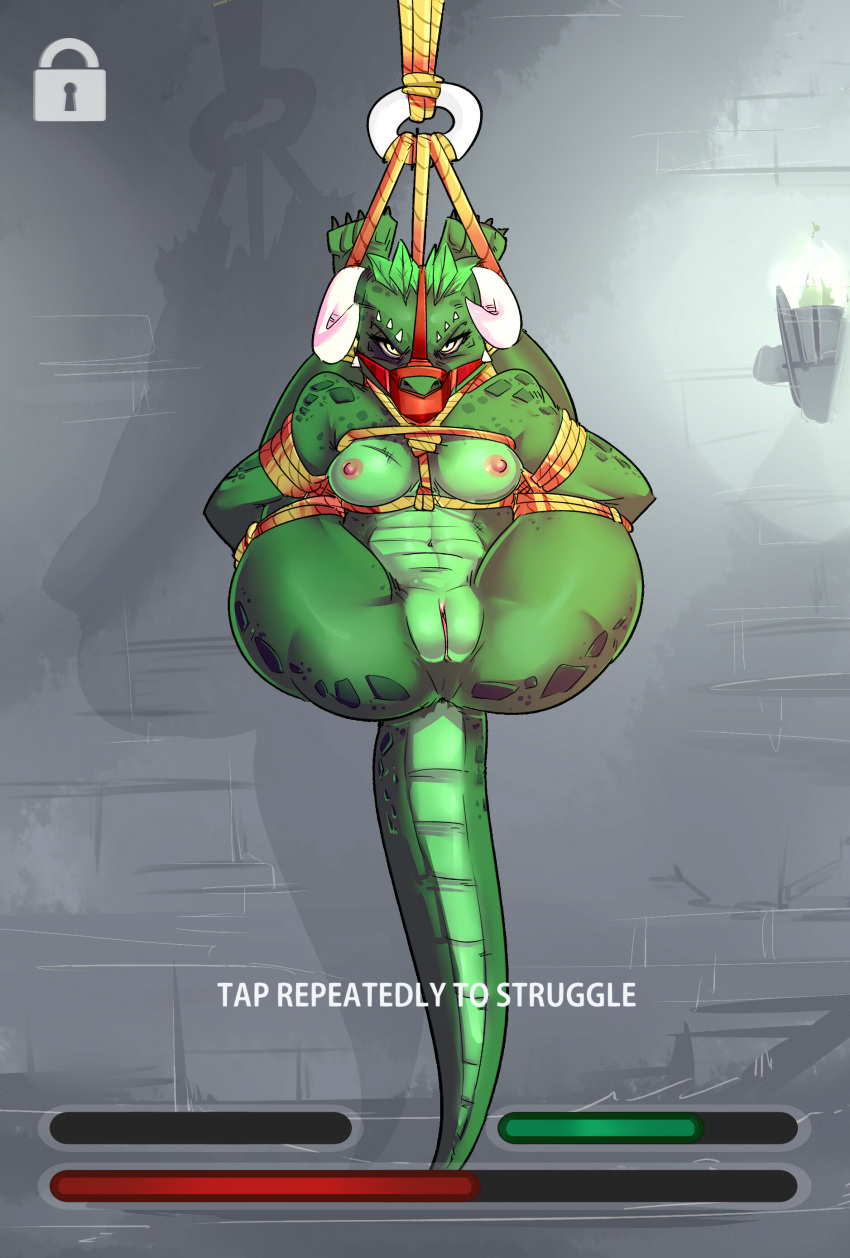 absurd_res anthro argonian bdsm bethesda_softworks bondage bound breasts english_text female flexible hi_res horn hud legs_behind_head legs_up looking_at_viewer muzzle_(object) muzzled nipples nude presenting rope rope_bondage scalie scar solo suspension text the_elder_scrolls video_games zinnick