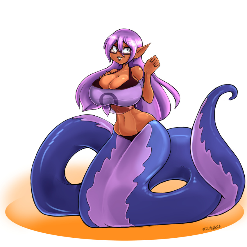 apode big_breasts breasts cleavage clothed clothing draconcopode eyewear female flauschdraws glasses hair hi_res humanoid_pointy_ears lamia purple_hair reptile scalie serpentine simple_background snake solo split_form white_background