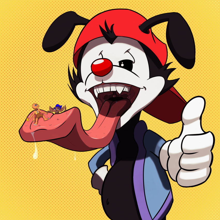 absurd_res animaniacs bodily_fluids drooling hi_res hyper hyper_tongue macro micro open_mouth oral_vore saliva tongue vore wakko_warner warner_brothers