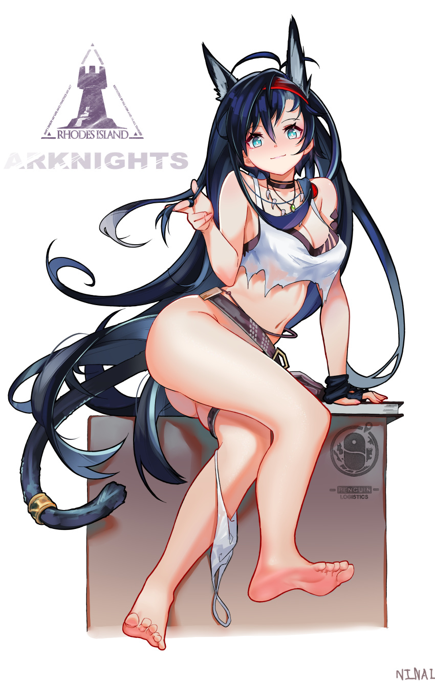 1girl absurdres animal_ear_fluff animal_ears arknights barefoot belt bikini blaze_(arknights) blue_hair book box cat_ears cat_girl cat_tail gloves hairband hand_in_hair highres jewelry long_hair looking_at_viewer multiple_straps necklace ninainaidesss panties panty_pull penguin_logistics_logo red_hairband rhodes_island_logo simple_background soles swimsuit tail tank_top thighs toes underwear white_background white_panties