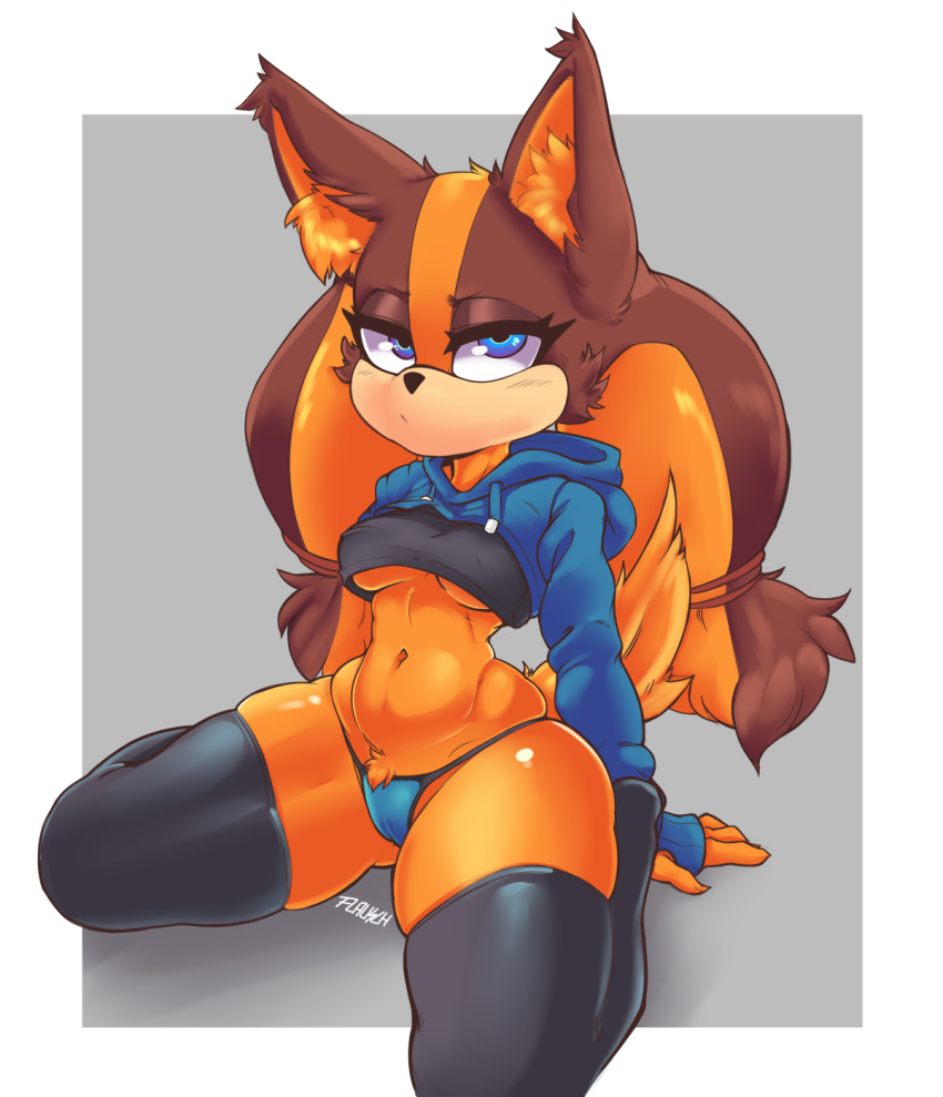 anthro badger blue_eyes breasts clothing female flauschdraws hi_res legwear mammal mustelid musteline panties pubes solo sonic_boom sonic_the_hedgehog_(series) sticks_the_jungle_badger thigh_highs underwear wide_hips