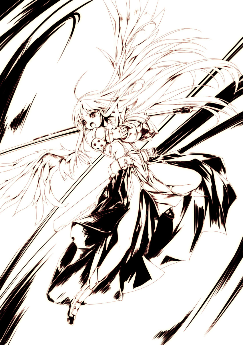 1girl angel_wings aselia_bluespirit boots eien_no_aselia eternity_sword_series gauntlets gloves highres hitomaru holding holding_sword holding_weapon scabbard sheath sword weapon wings