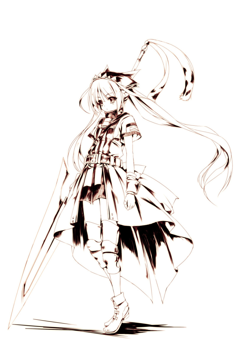 1girl belt boots dress eien_no_aselia eternity_sword_series greyscale headgear highres hitomaru long_hair monochrome polearm roween_deena_rakios solo spear twintails very_long_hair weapon