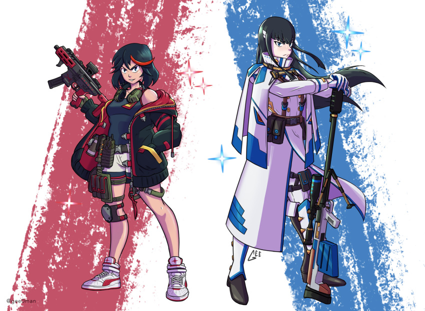 2girls adapted_costume bangs black_hair black_jacket blue_eyes blunt_bangs breasts capelet commission english_commentary eyebrows_visible_through_hair frown gun hand_in_pocket highres holding holding_gun holding_weapon jacket junketsu kill_la_kill kiryuuin_satsuki long_hair looking_ahead looking_at_viewer matoi_ryuuko multicolored_hair multiple_girls off-shoulder_jacket parted_lips peyton_gee puma_(brand) red_hair rifle senketsu shoes short_hair small_breasts sneakers sniper_rifle streaked_hair submachine_gun weapon white_capelet