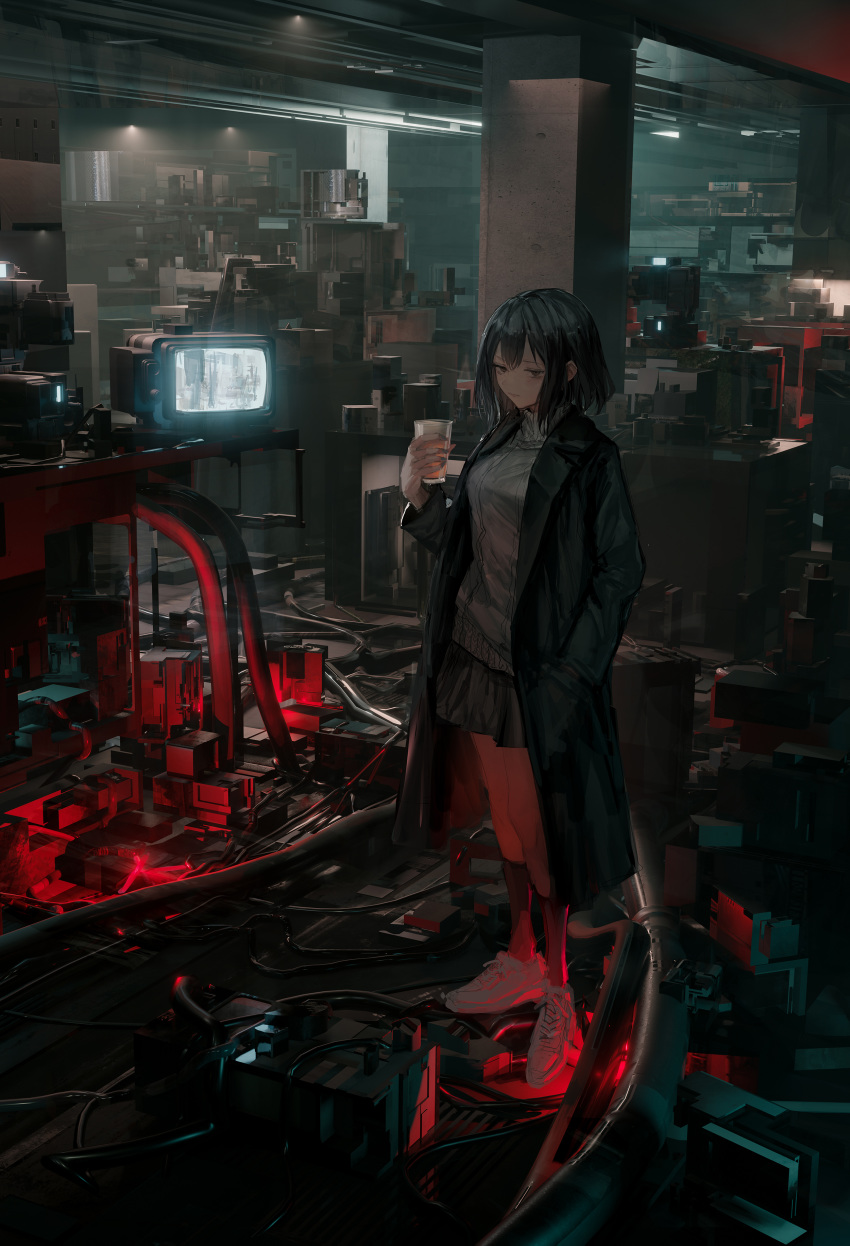 1girl absurdres black_eyes black_hair black_skirt breasts cable cup dark_room hair_between_eyes hand_in_pocket highres holding holding_cup lm7_(op-center) medium_breasts original scenery shoes short_hair skirt sneakers solo television_screen trench_coat white_footwear wire