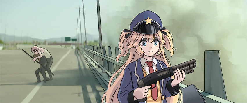 3girls bangs black_ribbon blonde_hair blue_eyes blue_headwear blue_jacket commentary girls_frontline gun hair_between_eyes hair_ribbon hat highway holding holding_gun holding_weapon jacket long_hair long_sleeves multiple_girls necktie open_clothes open_jacket overpass parody police_hat red_neckwear ribbon road scene_reference serbu_super-shorty shotgun smoke star_(symbol) super_shorty_(girls_frontline) sweater_vest tab_(tabkun) terminator:_dark_fate terminator_(series) two_side_up weapon