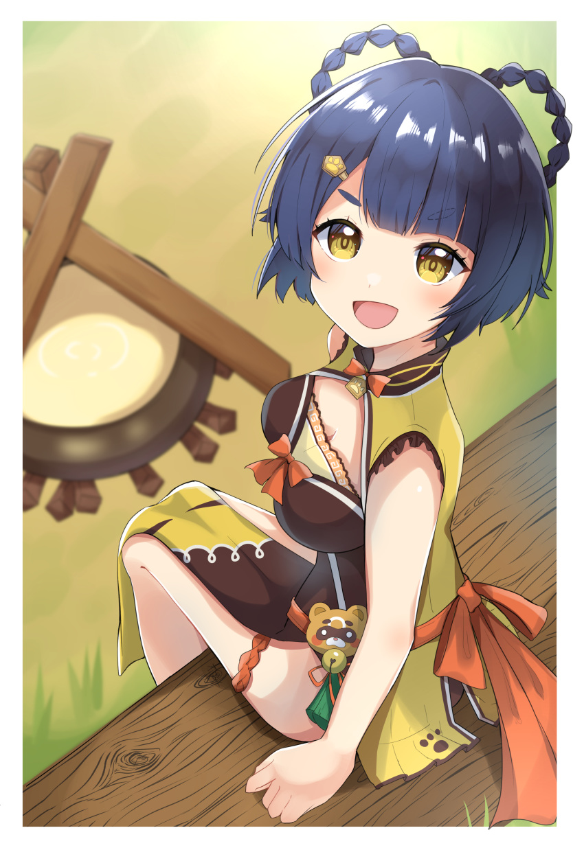 1girl :d absurdres blue_hair bow bowtie braid breasts cauldron china_dress chinese_clothes cleavage dress from_above genshin_impact hair_ornament hairclip hanabayashi highres medium_breasts open_mouth paw_print short_eyebrows sitting sleeveless sleeveless_dress smile solo twin_braids xiangling_(genshin_impact) yellow_eyes