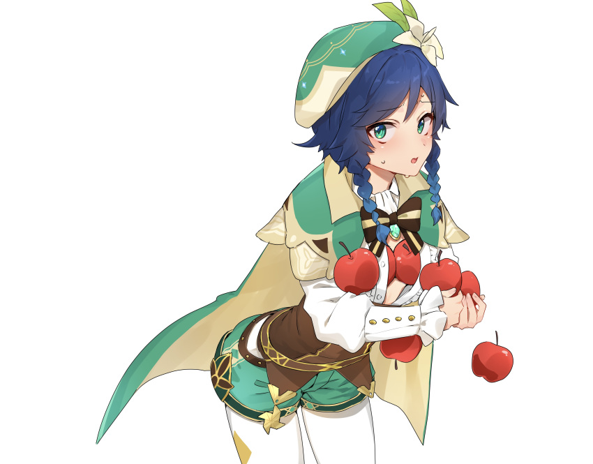 1boy absurdres apple black_hair blue_hair braid cape flower food fruit gem genshin_impact gradient_hair green_eyes green_headwear hair_flower hair_ornament hat highres holding jewelry leaf long_sleeves looking_at_viewer male_focus multicolored_hair open_mouth otoko_no_ko pantyhose ribbon shorts simple_background solo sweat tutimaru0730 twin_braids venti_(genshin_impact) white_background white_flower white_legwear