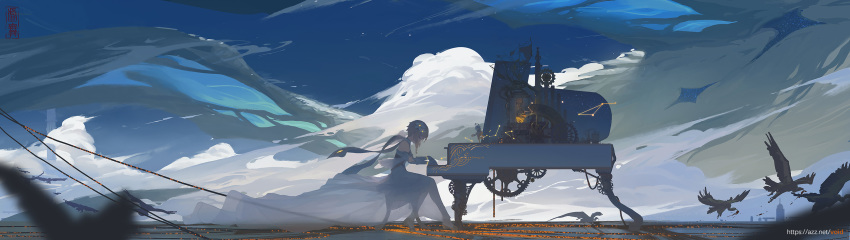 2girls absurdres bare_shoulders bird blonde_hair building cable closed_eyes cloud cloudy_sky commentary_request constellation dress flower gears genshin_impact grand_piano hair_flower hair_ornament halo highres horizon instrument long_dress long_image long_scarf looking_at_another lumine_(genshin_impact) multiple_girls music outdoors paimon_(genshin_impact) piano piano_bench playing_instrument playing_piano profile ruins scarf seagull sheer_clothes short_hair short_hair_with_long_locks sky skyscraper tagme thighhighs torch tower twilight void_0 white_dress white_legwear white_scarf wide_image