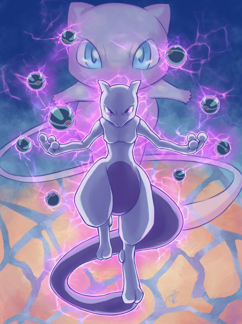 blue_eyes commentary_request energy gen_1_pokemon glowing highres legendary_pokemon looking_at_viewer mew mewtwo mythical_pokemon peron_(niki2ki884) poke_ball pokemon pokemon_(anime) pokemon_(classic_anime) pokemon_(creature) pokemon_m01 purple_eyes signature toes