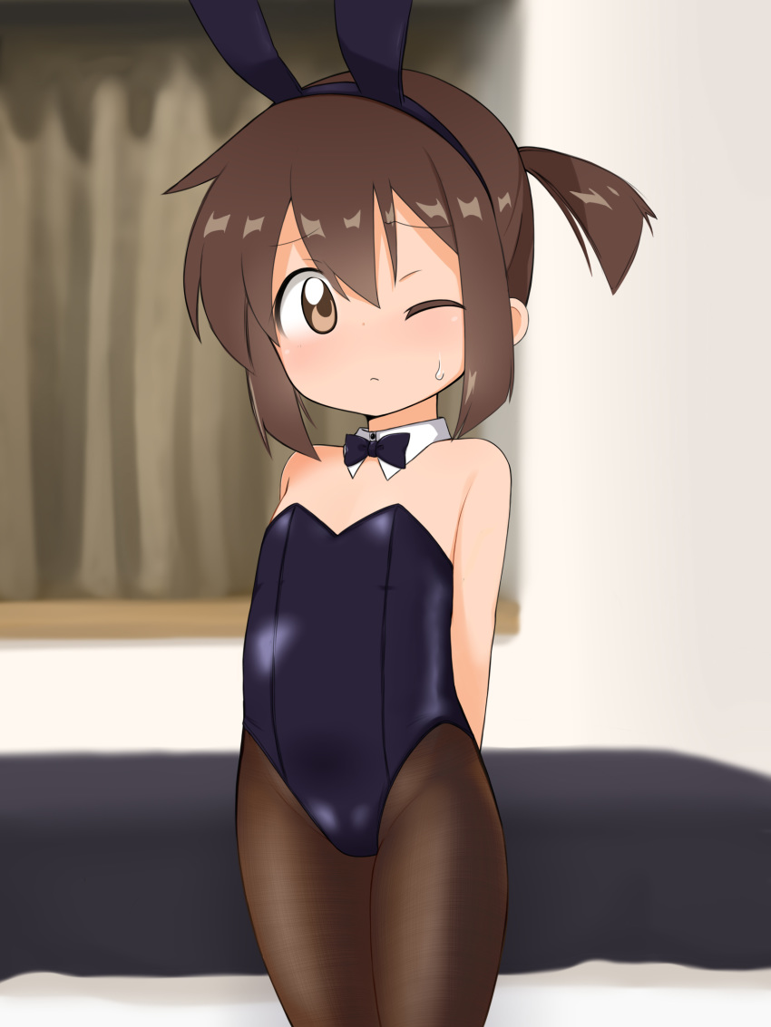 1girl absurdres animal_ears arms_behind_back bakusou_kyoudai_let's_&amp;_go!! bare_shoulders bed bedroom black_legwear black_leotard bow bowtie brown_eyes brown_hair bunny_ears commentary_request curtains detached_collar fake_animal_ears flat_chest groin highres indoors leotard one_eye_closed pantyhose playboy_bunny ponytail sagami_jun short_hair solo strapless strapless_leotard thighs uno_(mon_chat_noir)
