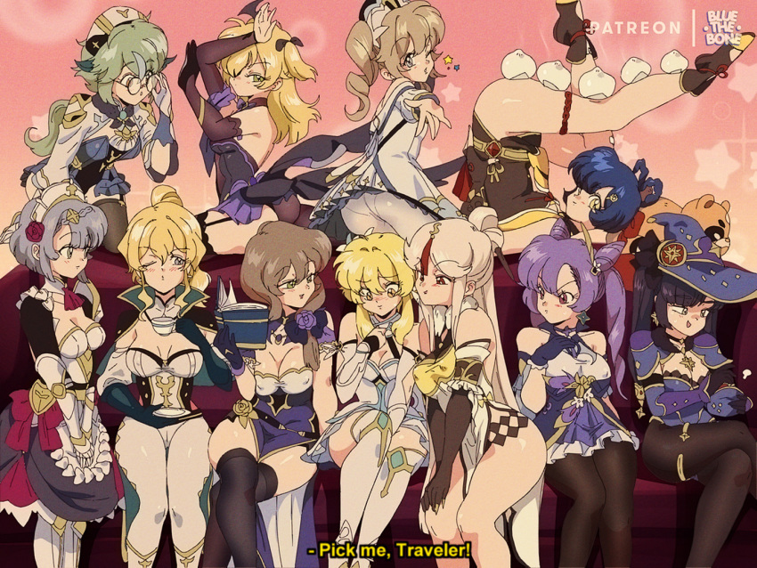 1980s_(style) 6+girls baozi barbara_(genshin_impact) bluethebone blush breasts cleavage couch fischl_(genshin_impact) food genshin_impact glasses harem hat jean_gunnhildr keqing lisa_(genshin_impact) looking_at_another lumine_(genshin_impact) mona_(genshin_impact) multiple_girls ningguang noelle_(genshin_impact) retro_artstyle smile subtitled sucrose_(genshin_impact) witch_hat xiangling_(genshin_impact) yuri