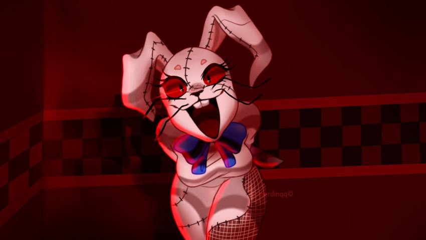 2020 :d anthro bent_over black_eyes black_nose blood bloody_knife bodily_fluids bow breasts buckteeth checkered_wall eyelashes fabric female five_nights_at_freddy's five_nights_at_freddy's:_security_breach hi_res knife lagomorph leporid long_ears looking_at_viewer mammal nerdinqq open_mouth patch_(fabric) rabbit red_sclera red_tongue red_wall restaurant smile solo standing stitch_(disambiguation) teeth thick_thighs tongue vanny_(fnaf) video_games weapon whiskers white_body white_ears