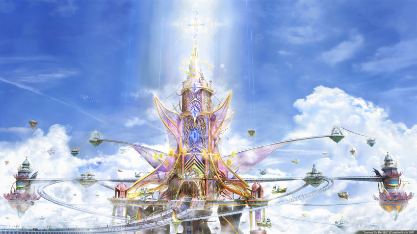 6+others above_clouds aircraft airship andre_surya architecture artist_name bird blue_sky bridge cloud day english_commentary fantasy floating_castle gate gem highres lamppost multiple_others original outdoors palace pavilion railing scenery shiny sky spire tagme tower walking watermark