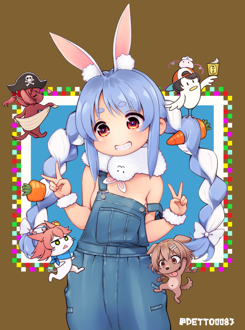 1girl anchor_symbol animal animal_ear_fluff animal_ears animalization backwards_hat baseball_cap bicorne bird blue_hair blue_overalls bone_hair_ornament bow braid bunny_ears carrot carrot_hair_ornament cat denim deto dog don-chan_(usada_pekora) double_v extra_ears eyebrows_visible_through_hair eyes_visible_through_hair food_themed_hair_ornament grin hair_bow hair_ornament hands_up hat highres hololive houshou_marine inugami_korone long_hair minato_aqua multicolored_hair naked_overalls no_nose oozora_subaru orange_eyes overalls sakura_miko short_eyebrows skull_and_crossbones smile strap_slip teeth triangle_mouth twin_braids twitter_username two-tone_hair usada_pekora v very_long_hair virtual_youtuber white_bow white_hair wristband