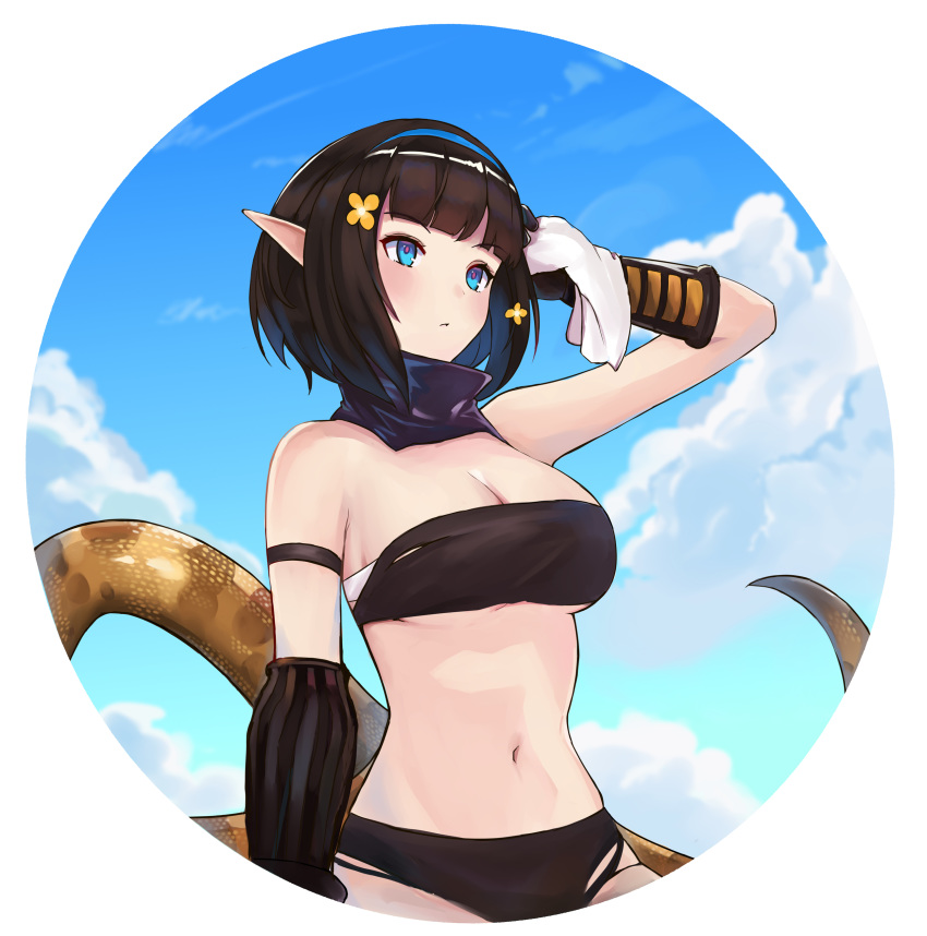 1girl absurdres arknights arm_strap arm_up bandeau bangs bare_shoulders black_hair black_scarf blue_eyes blue_hairband blue_sky blunt_bangs blush breasts cleavage cloud commentary_request cthun_(wfxf7837) day eunectes_(arknights) hairband highres large_breasts midriff navel outdoors partial_commentary pointy_ears scarf short_hair sky snake_tail solo stomach strapless tail tubetop upper_body