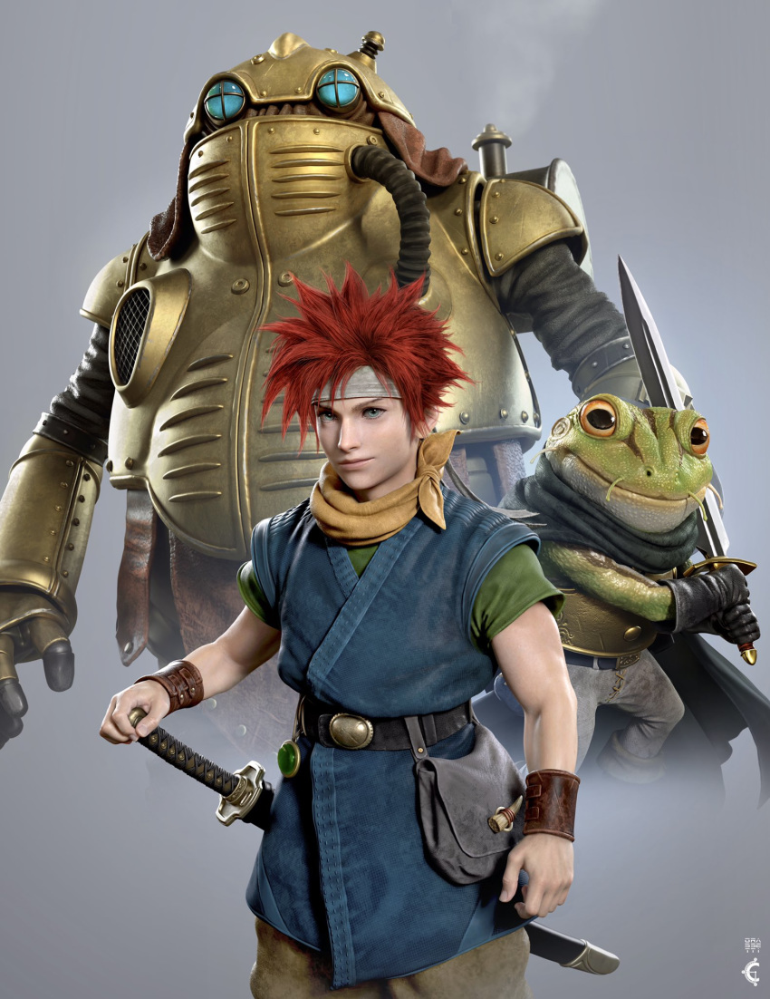2boys 3d blue_eyes chrono chrono_trigger frog frog_(chrono_trigger) grey_background headband highres holding holding_sword holding_weapon looking_at_viewer looking_up mecha multiple_boys open_hand orange_eyes raf_grassetti realistic red_hair robo_(chrono_trigger) robot sheath sheathed sword v-shaped_eyebrows weapon white_headband