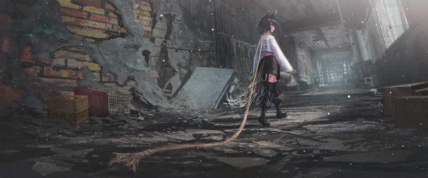 1girl animal_ears black_hair boots brick_wall cage check_commentary commentary_request dog_ears dog_tail highres long_sleeves looking_back miyoshi_nao_(miyoshist) original rope scenery short_hair tail walking walking_away