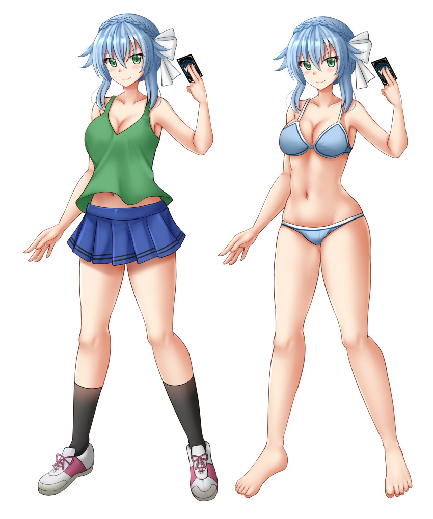 1girl absurdres bangs bare_arms bare_legs bare_shoulders barefoot black_legwear blue_bra blue_hair blue_panties blue_skirt blush bow bra braid breasts card cleavage closed_mouth commentary commission crown_braid eyebrows_visible_through_hair green_eyes green_tank_top hair_between_eyes hair_bow hand_up highres holding holding_card kazenokaze medium_breasts multiple_views navel original panties pleated_skirt shoes sidelocks simple_background skirt smile socks standing tank_top underwear v-shaped_eyebrows white_background white_bow white_footwear