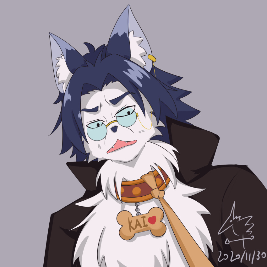 1:1 2020 absurd_res anthro black_clothing black_eyes blue_body blue_ears blue_fur blue_hair canid canine chest_tuft clothed clothing collar dated eyewear fur fur_tuft great_red_siberian grey_background hair hi_res inner_ear_fluff kazamidori leash male mammal open_mouth simple_background sleepy_princess_in_the_demon_castle solo tuft white_body white_fur white_inner_ear_fluff