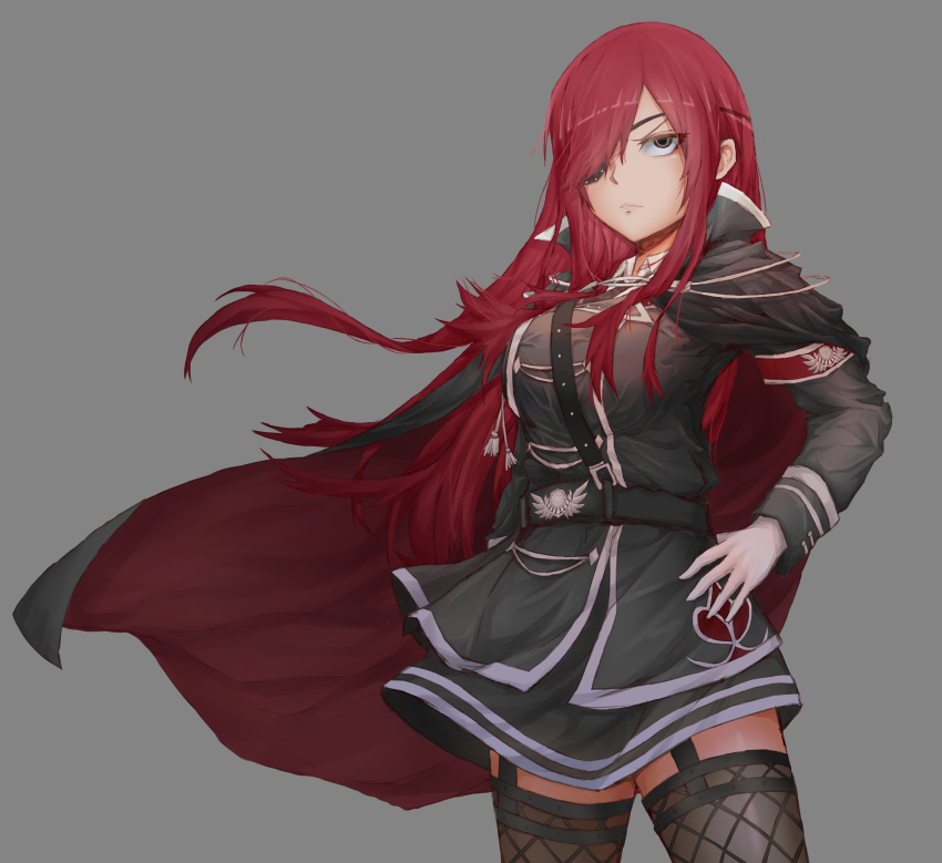 1girl absurdres breasts cape commission erza_scarlet eyepatch fairy_tail fishnet_legwear fishnets frown green_eyes grey_background hair_over_one_eye hands_on_hips highres ichinoshi large_breasts long_hair military military_uniform red_cape red_eyes red_hair solo thighhighs uniform zettai_ryouiki