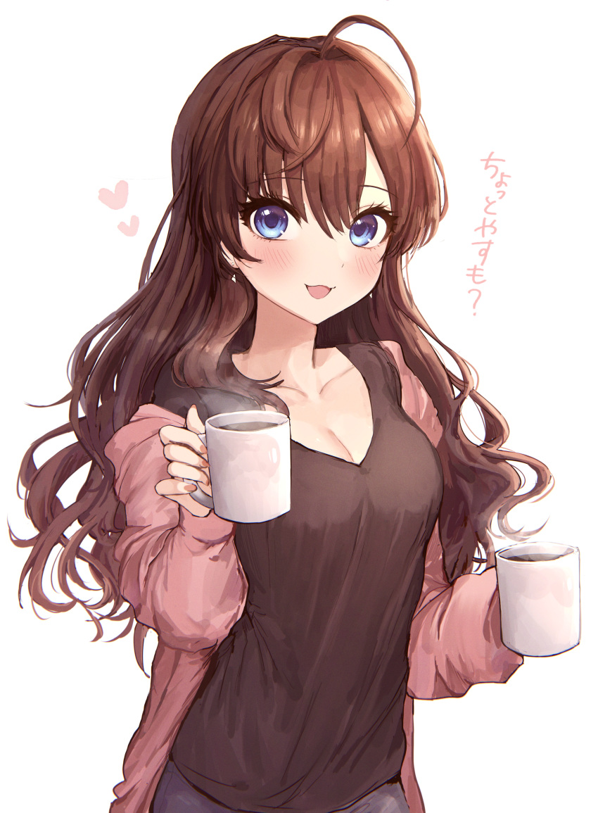 1girl :3 absurdres ahoge bangs blue_eyes blush breasts brown_hair cleavage coffee_mug collarbone commentary_request cup earrings eyebrows_visible_through_hair hair_between_eyes highres holding holding_cup huge_filesize ichinose_shiki idolmaster idolmaster_cinderella_girls jewelry kudou_(sikisiki0000) large_breasts long_hair looking_at_viewer mug open_mouth red_nails simple_background smile solo translated wavy_hair white_background