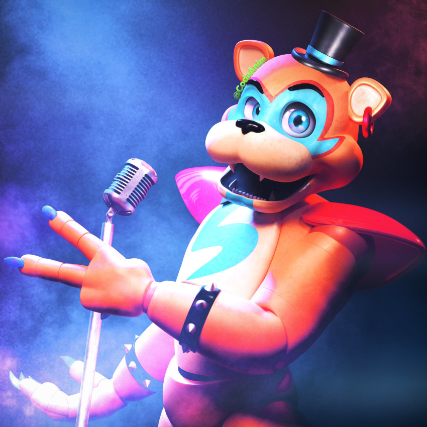 2020 3d_(artwork) abstract_background animatronic anthro black_eyebrows blue_body blue_eyes bodypaint bracelet claws clothing codaanim detailed digital_media_(artwork) ear_piercing ear_ring eyebrows face_paint fangs five_nights_at_freddy's five_nights_at_freddy's:_security_breach gesture glamrock_freddy_(fnaf) hat headgear headwear hi_res jewelry looking_at_viewer machine male mammal microphone open_mouth orange_body piercing portrait pose robot rockstar sharp_claws sharp_teeth smile solo spiked_bracelet spikes standing tan_body teeth top_hat ursid v_sign video_games