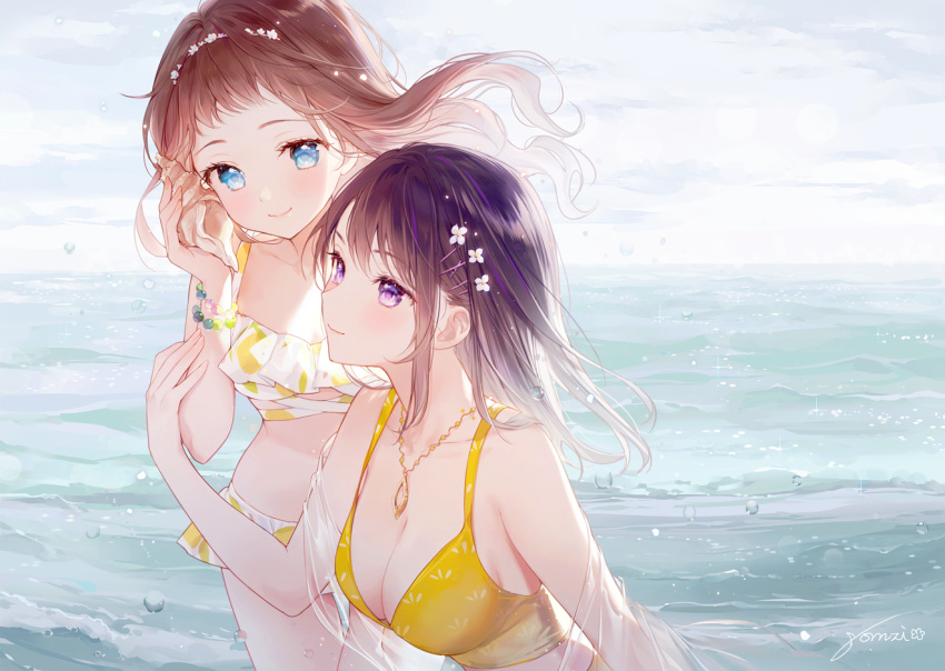 2girls artist_name bangs bikini blue_eyes blush bracelet breasts brown_hair cleavage closed_mouth collarbone day eyebrows_visible_through_hair floating_hair flower gomzi hair_flower hair_ornament hairclip holding jewelry large_breasts lemon_print long_hair medium_breasts multiple_girls necklace ocean off_shoulder original outdoors print_bikini purple_eyes purple_hair seashell seashell_to_ear see-through shell signature smile swimsuit upper_body water white_bikini white_flower wind x_hair_ornament yellow_bikini