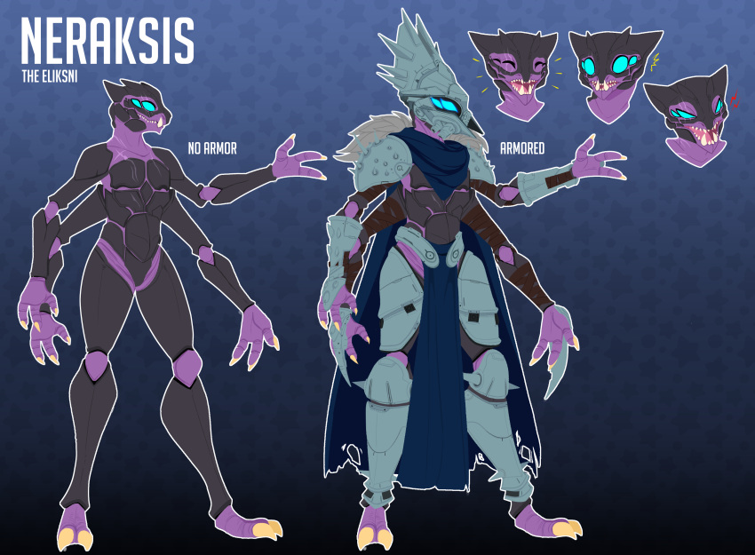 2020 absurd_res alien anthro armor arthropod clothed clothing destiny_(video_game) digital_media_(artwork) eliksni fallen_captain fangs gaiki headgear helmet hi_res male model_sheet multi_arm multi_eye multi_limb simple_background smile solo teeth video_games