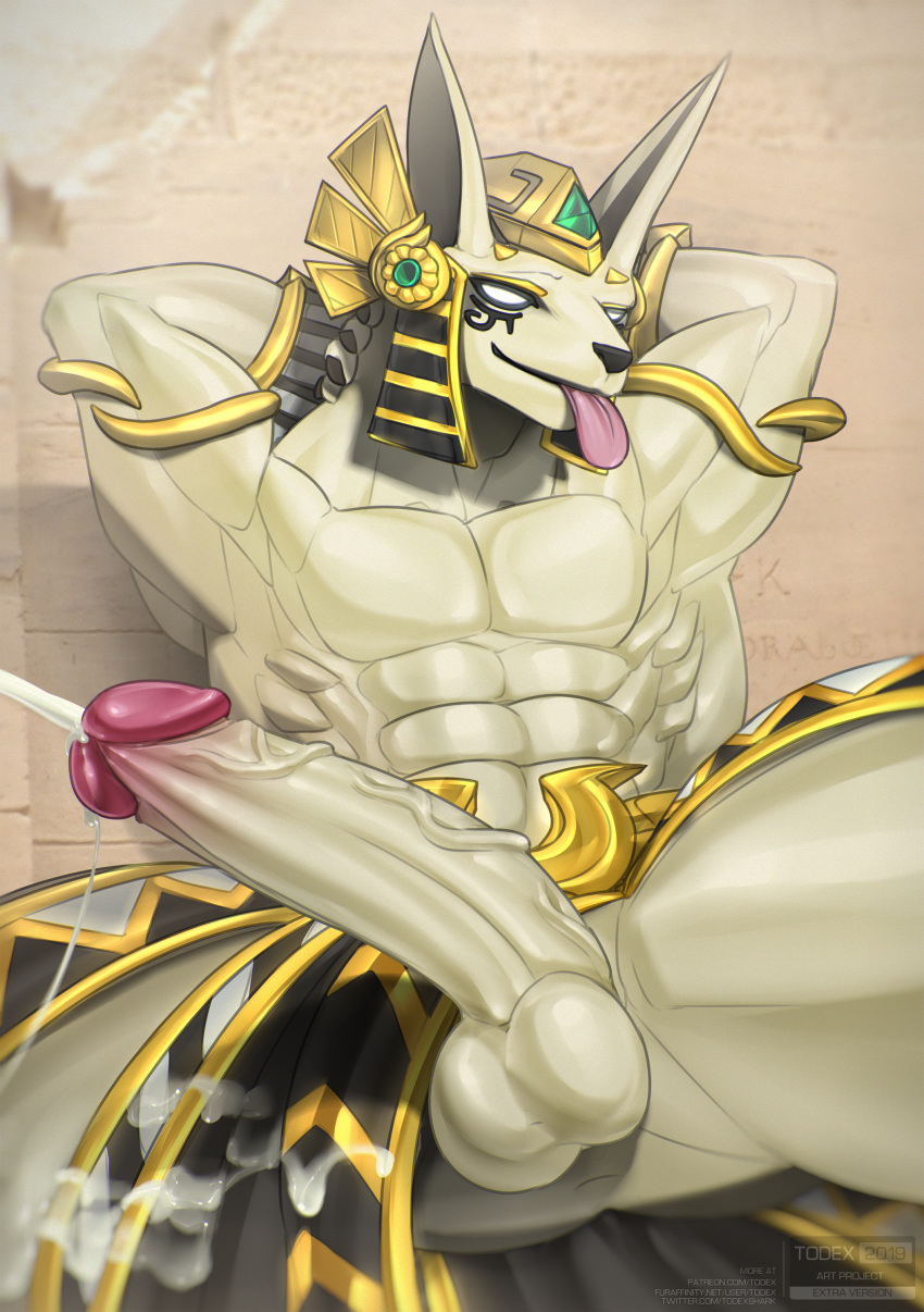 abs absurd_res anthro anubian_jackal anubis balls biceps big_penis bodily_fluids canid canine canis clothed clothing cum cumshot deity egyptian egyptian_mythology ejaculation erection genital_fluids genitals glowing glowing_eyes hands_behind_head headdress hi_res humanoid_genitalia humanoid_penis jackal loincloth low-angle_view male mammal middle_eastern_mythology mostly_nude muscular muscular_anthro muscular_male mythology orgasm pecs penis solo spread_legs spreading summoners_war todex tongue tongue_out topless vein veiny_penis