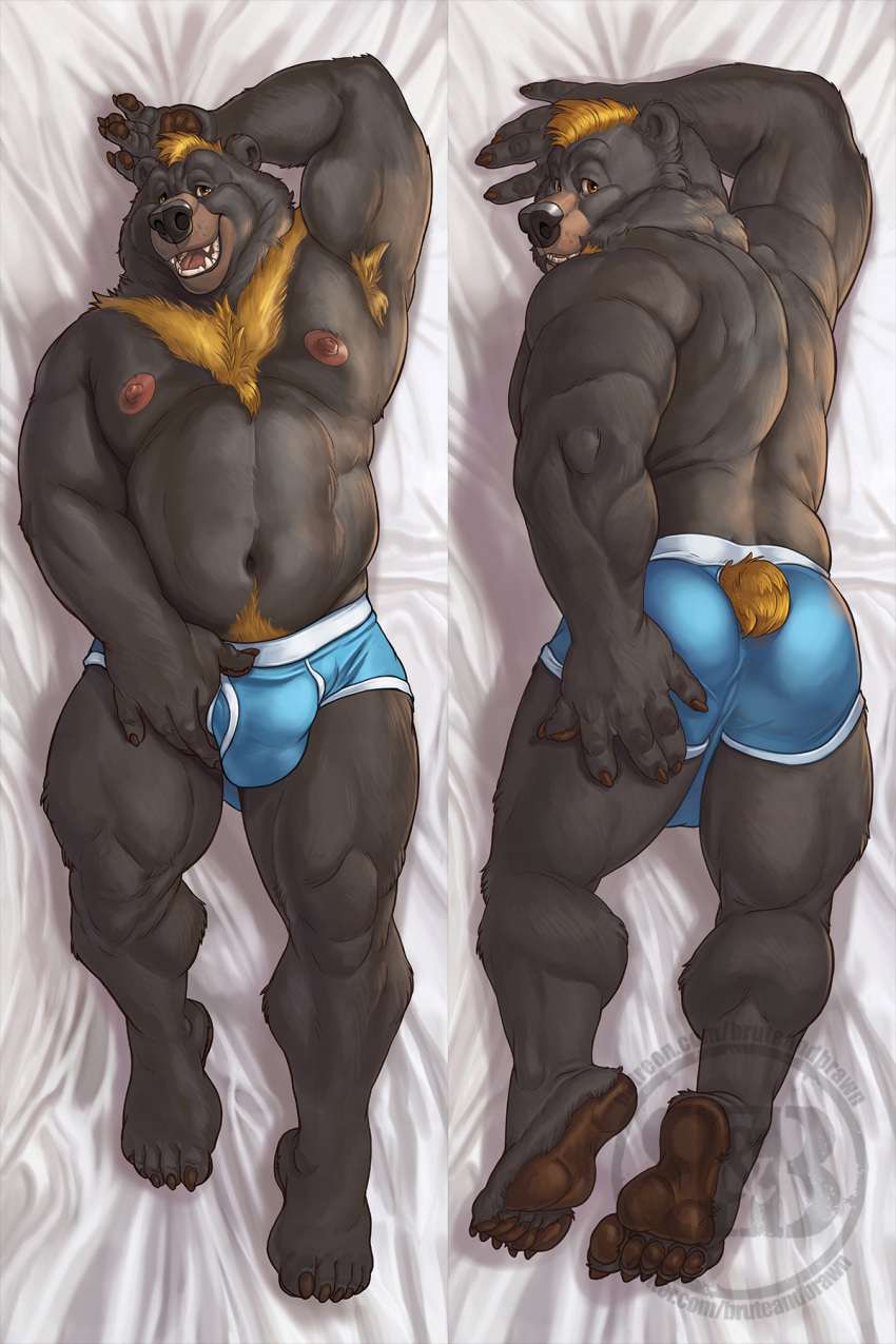 2019 2:3 5_fingers 5_toes anthro armpit_hair barazoku bed belly biped black_nose blonde_hair blue_clothing blue_underwear body_hair brown_body brown_eyes brown_face brown_fur bruteandbrawn bulge butt chest_hair chest_tuft claws clothed clothing dakimakura_design digital_media_(artwork) feet fingers fur furniture hair hand_above_head hand_on_butt hand_on_leg hand_on_thigh happy happy_trail hi_res looking_at_viewer looking_back lying male mammal monotone_body monotone_fur musclegut muscular muscular_anthro muscular_male navel nipples on_back on_front open_mouth pawpads pecs presenting presenting_hindquarters pubes short_tail slightly_chubby smile solo teeth toes tongue topless tuft underwear underwear_only ursid watermark yellow_body yellow_fur yellow_tail