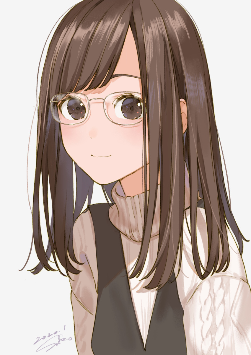 1girl absurdres bangs brown_eyes brown_hair dated glasses highres long_hair looking_at_viewer original sako_(35s_00) signature simple_background solo sweater upper_body white_background