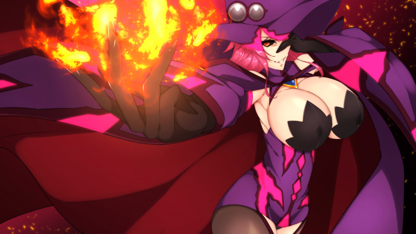 1girl bare_shoulders black_gloves black_sclera blazblue blazblue:_central_fiction blazblue_phase_0 breasts byakkun_(byakkun8181) cape cleavage detached_sleeves dress fire gloves hair_over_one_eye hat highres konoe_a_mercury large_breasts long_hair looking_at_viewer pink_hair red_eyes smile solo thighhighs witch witch_hat yellow_eyes