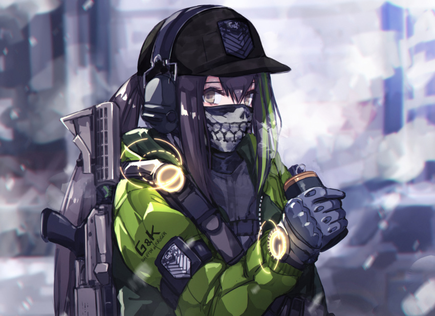 1girl abandoned alternate_costume armband assault_rifle backpack bag bangs baseball_cap black_hair black_legwear black_shorts brown_eyes building bulletproof_vest car close-up emblem english_commentary english_text explosive eyebrows from_side girls_frontline gloves green_hair green_jacket grenade grifon_&amp;_kryuger ground_vehicle gun hat headphones holding holding_grenade holster holstered_weapon jacket looking_at_viewer m4_carbine m4a1_(girls_frontline) mishima_hiroji motor_vehicle multicolored_hair outdoors pouch radio rifle scarf scarf_over_mouth shorts sidelocks snow snowing solo standing strap tactical_clothes tom_clancy's_the_division vest_pouch watch weapon weapon_on_back wristwatch