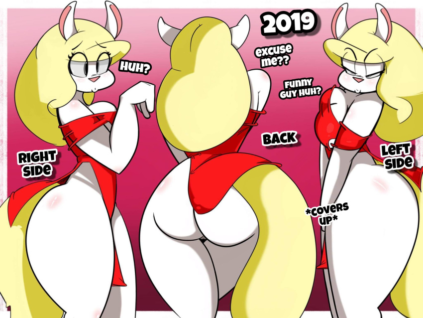 2019 4:3 animaniacs bare_shoulders biped blonde_hair blonde_tail border breasts butt butt_focus cleavage clothed clothing covering covering_self dress eye_through_hair eyelashes_visible_through_hair female fur gradient_background hair half-closed_eyes hi_res inkit89 mammal minerva_mink mink multiple_images mustelid musteline narrowed_eyes pink_nose portrait rear_view red_clothing red_dress side_view simple_background solo text thick_thighs three-quarter_portrait translucent translucent_hair warner_brothers white_body white_border white_fur wide_hips