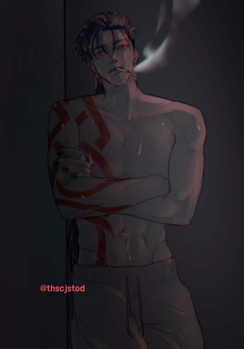1boy abs absurdres blue_hair bodypaint bright_pupils cigarette crossed_arms cu_chulainn_(fate)_(all) earrings fate/stay_night fate_(series) groin highres jewelry lancer long_hair looking_to_the_side male_focus muscle nail_polish navel open_mouth ponytail red_eyes shirtless smoking solo spiked_hair tensei_(thscjstod) twitter_username type-moon wet wet_hair white_pupils