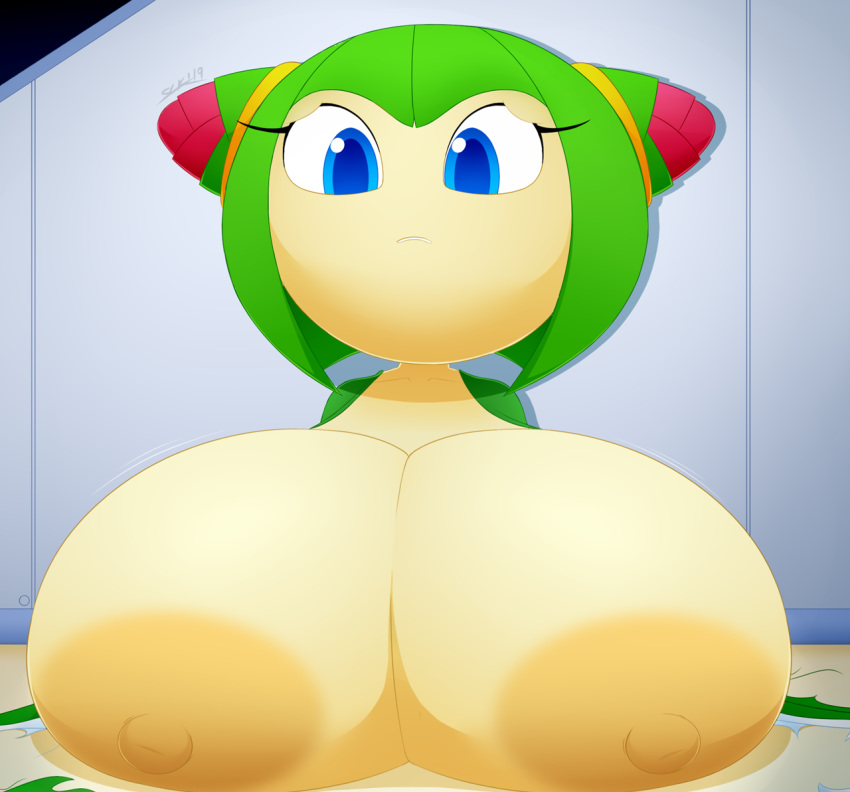 big_breasts blue_eyes breasts cosmo_the_seedrian elemental_creature female flora_fauna green_hair hair plant seedrian slickehedge solo sonic_the_hedgehog_(series) sonic_x video_games