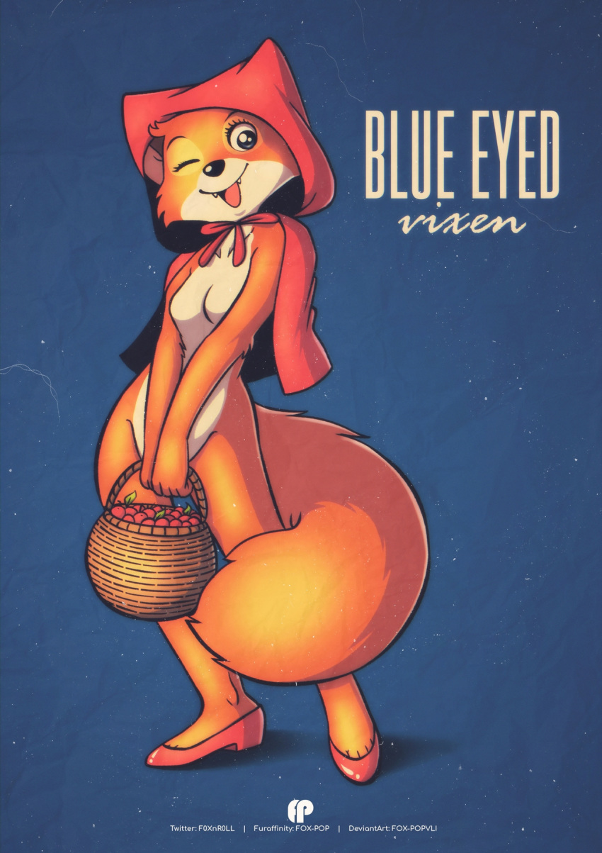 2020 anthro basket biped blue_eyed_fox blue_eyes breasts canid canine cape cherry clothing countershading digital_media_(artwork) disney featureless_breasts female food footwear fox fox-pop fruit fur hi_res high_heels hood ineffective_clothing looking_at_viewer mammal mostly_nude multicolored_body multicolored_fur one_eye_closed open_mouth plant plantigrade red_cape red_clothing red_footwear red_fox red_hood red_shoes shoes smile solo standing tongue tongue_out wink