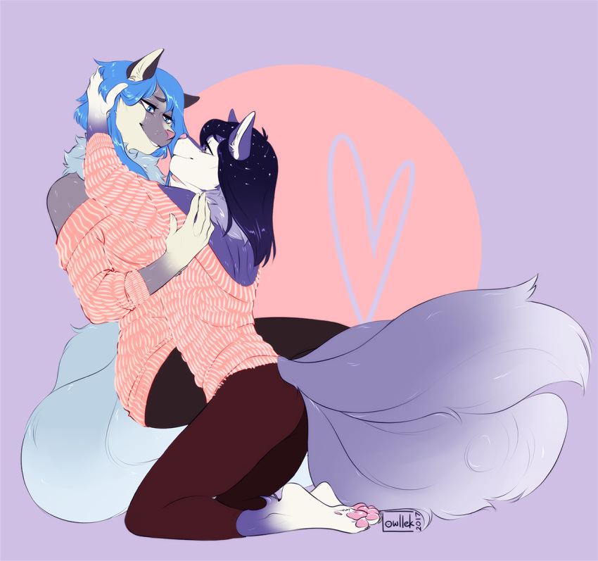 &lt;3 2017 anthro blue_eyes blue_hair bottomwear breasts canid canine celene_(nekogirl1257) clothing duo female fox fur girly gloves_(marking) grey_eyes hair hand_on_head looking_at_another male male/female mammal markings miko_(snowweaver) multi_tail owllek pants pawpads pink_nose pink_pawpads purple_background purple_body purple_fur purple_hair signature simple_background sitting smile sweater topwear white_body white_fur