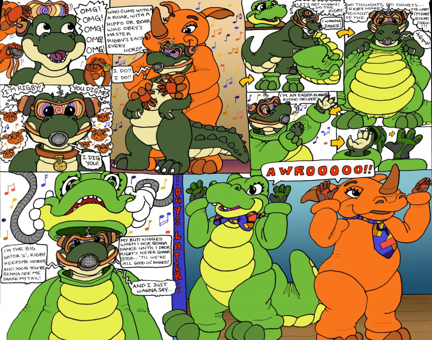 1_horn 2015 3_toes 5_fingers alligator alligatorid anthro ball_gag brainwashing clothing codex_(character) collar comic costume crocodilian digital_drawing_(artwork) digital_media_(artwork) duo english_text featureless_crotch fingers full_house gag gagged green_body headphones horn hypnosis hypnotic_visor male mammal mascot mind_control music musical_note name_tag necktie orange_body redxix reptile rhinocerotoid rigby_the_rhino rope scalie story story_in_description text toes toony visor