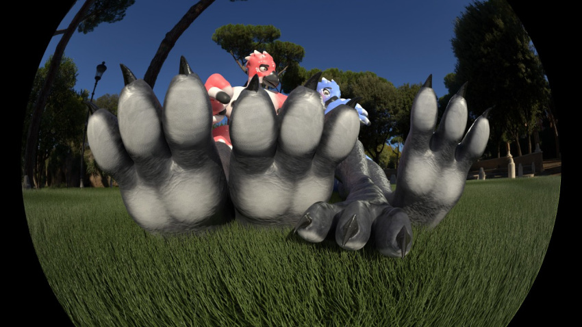 16:9 2018 3_toes 3d_(artwork) anthro avian bird black_claws black_feet black_nipples blush breasts claws countershade_feet countershading digital_media_(artwork) duo female fisheye_lens foot_focus grass low-angle_view nipples non-mammal_breasts outside toes twoscale widescreen wing_hands