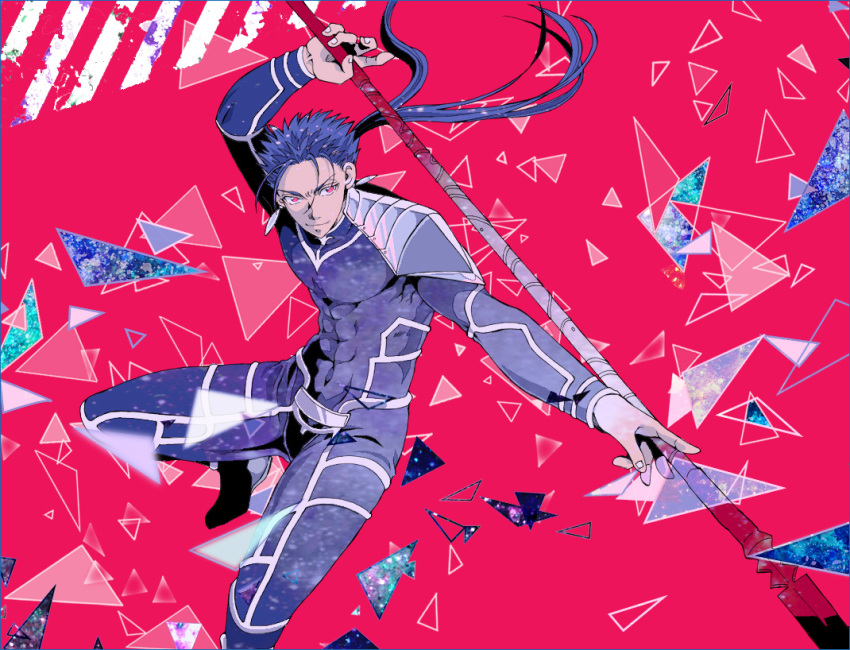 1boy abs armor blue_hair bodysuit charatei closed_mouth cu_chulainn_(fate)_(all) earrings fate/stay_night fate_(series) gae_bolg grin holding holding_polearm holding_weapon jewelry lancer long_hair male_focus pauldrons polearm ponytail red_eyes shoulder_armor skin_tight smile solo spiked_hair type-moon weapon